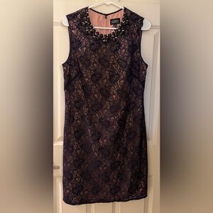 Adrianna Papell Beaded Lace Cocktail Dress w/ Silk Liner, Navy/Pink, Size 12